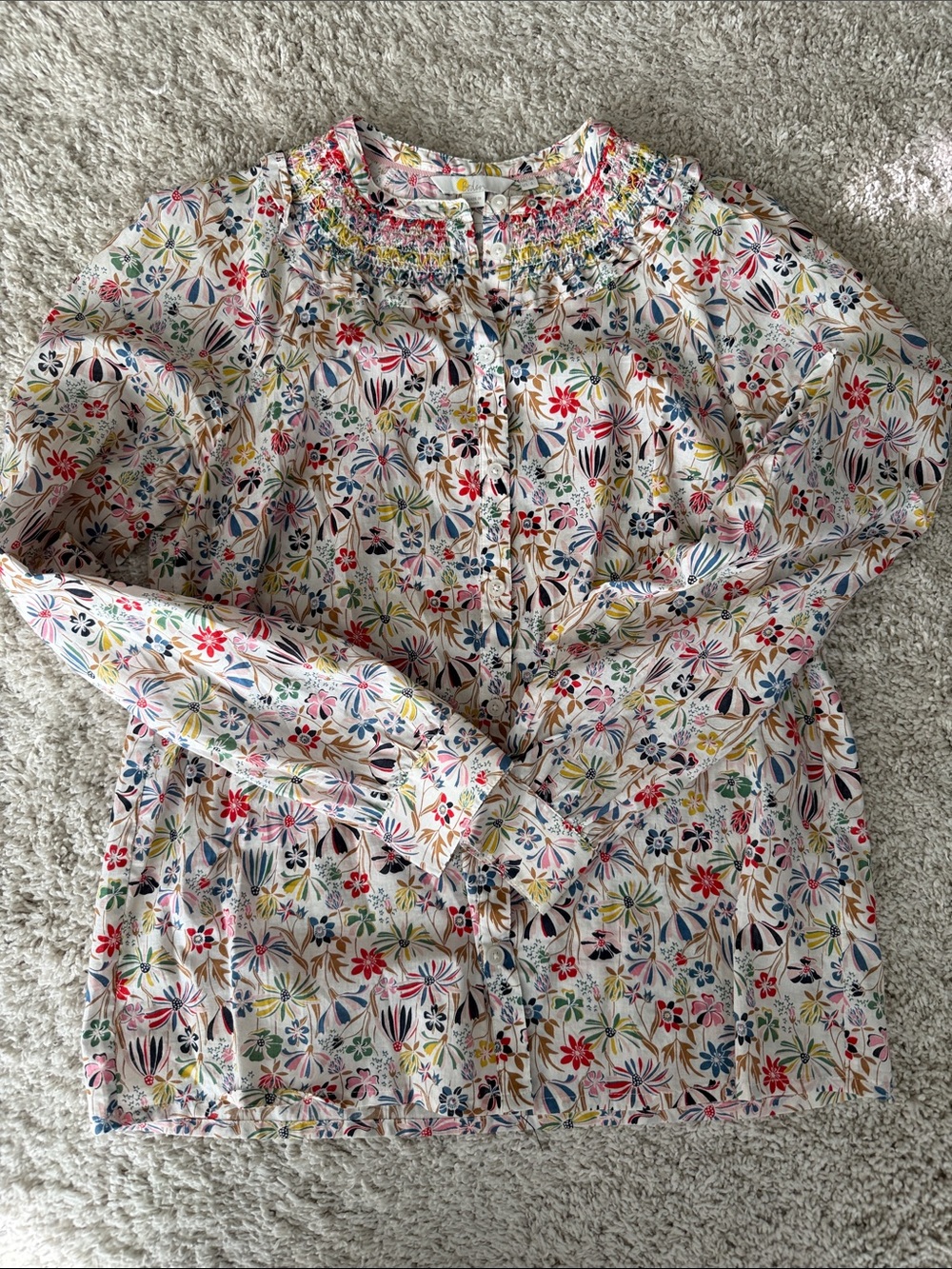 Boden White Multi Floral Smocked Yoke Button-Down Blouse